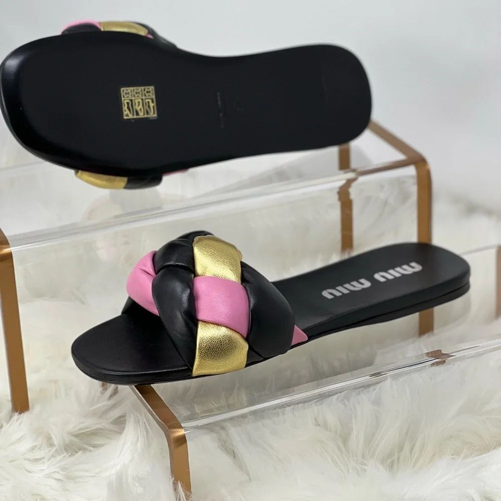 Miu Miu flat nappa leather sandals multicolor black EURO size 39/USA 9 - Picture 7 of 11